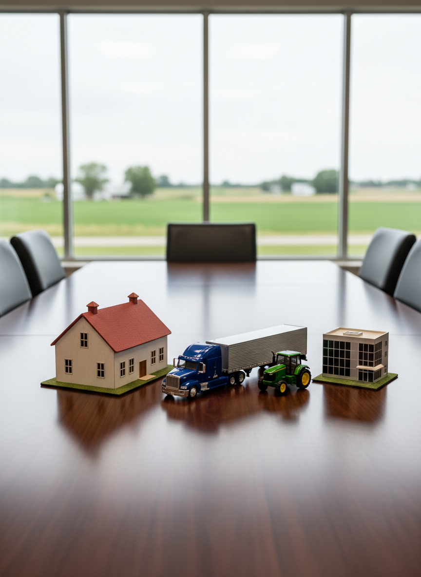 A bright, organized conference area inside a professional insurance agency, with a polished wooden table holding carefully arranged insurance symbols: a sturdy model farmhouse, a sleek model semi-truck, a compact tractor, and a small office building, representing rural properties and local businesses. Behind them, large windows reveal soft-focus views of green Michigan fields and scattered farmsteads outside Clio. Diffused overcast daylight fills the room, minimizing harsh shadows and giving a clean, neutral tone. Photographic realism with an eye-level composition and moderate depth of field keeps the models sharply defined while the rural background subtly reinforces the agency’s connection to agricultural and commercial clients.