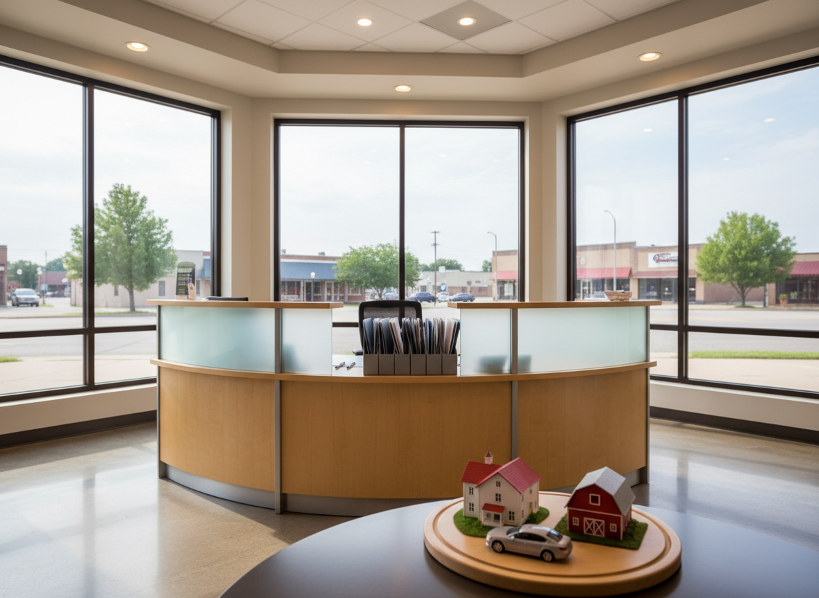 A polished, modern insurance office reception area representing a trusted local agency, with a sleek wood-and-glass front desk, neatly arranged policy folders, and a small tabletop model of a house, car, and barn placed together as symbols of coverage. Large windows reveal a hint of a small Midwestern town street outside, suggestive of Clio, MI. Soft afternoon natural light mixes with warm ceiling LEDs, creating a calm, professional glow and gentle shadows on the floor. Photographic realism at eye level, with a balanced composition that keeps the symbolic models in sharp focus while the background softly blurs, conveying reliability, stability, and personal attention without showing any people or text.