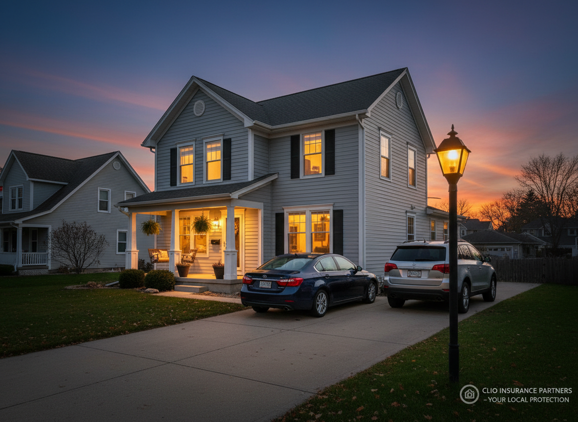 A twilight exterior scene of a well-kept Michigan home and driveway, symbolizing bundled home and auto coverage. The house features warm interior lights glowing through the windows, crisp siding, and a covered porch, while two different vehicles are neatly parked side by side on a clean concrete drive. Subtle hints of neighboring houses in Clio, MI appear softly blurred in the background. The sky is a deep blue with the last traces of sunset, and a streetlamp casts gentle, golden illumination, creating soft reflections on car surfaces. Photographic realism, eye-level composition, and a calm, secure mood communicate protection and peace of mind from a trusted local insurance partner.