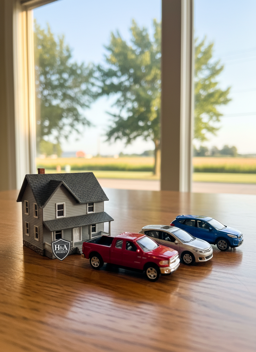 A detailed close-up of an arrangement symbolizing comprehensive home and auto insurance: a finely crafted miniature suburban Michigan-style house with realistic siding and roof texture beside a glossy die-cast pickup truck and compact car, all placed on a smooth oak desk. A blurred backdrop shows large windows with a view of leafy neighborhood streets and distant farm fields near Clio, MI. Soft morning sunlight streams in, creating natural highlights on the vehicles and gentle reflections on the desk. Photographic realism, shallow depth of field, and a clean, professional composition suggest protection, security, and local understanding from a trusted agency.