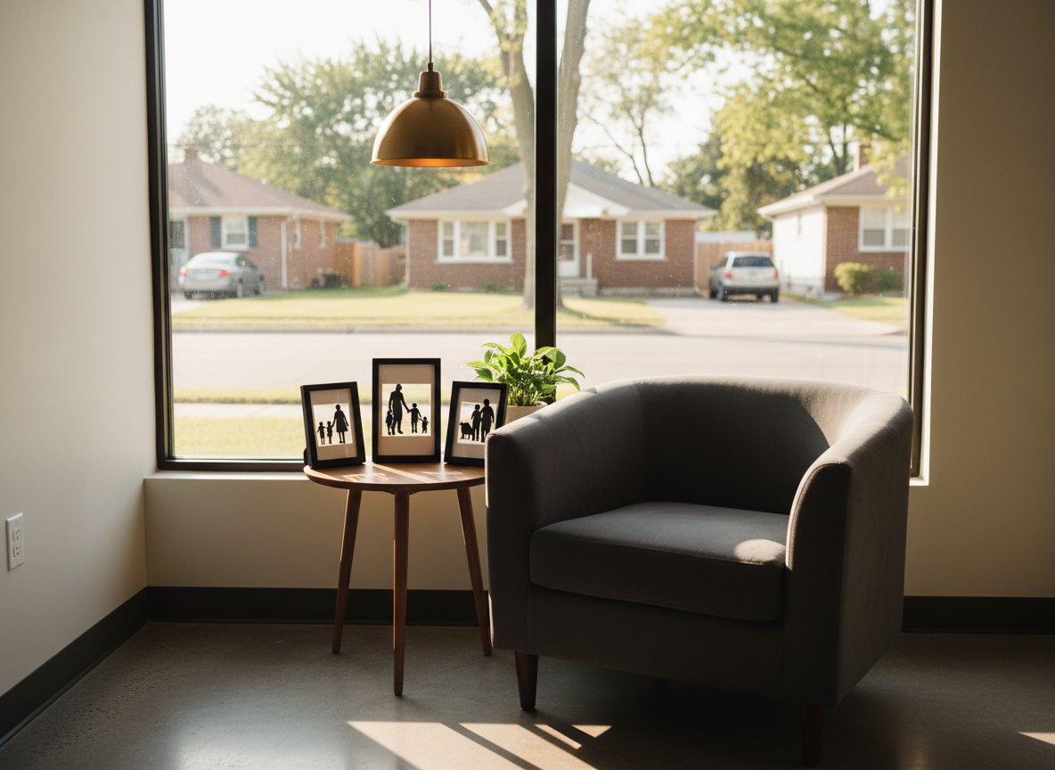 A cozy yet professional corner of an insurance office showcasing life and family protection, without people: a comfortable upholstered armchair beside a small round table that holds three framed silhouette-style cutouts of different household groupings, suggesting diverse families, along with a small potted plant. Behind, a large window reveals a residential Clio, MI street with varied homes, slightly out of focus. Warm pendant lighting from above mixes with gentle late-afternoon daylight, creating a soft, inviting glow and delicate shadows. Photographic realism, shot from a slightly elevated angle with a shallow depth of field, conveys care, dignity, and long-term security while maintaining a clean, modern aesthetic.