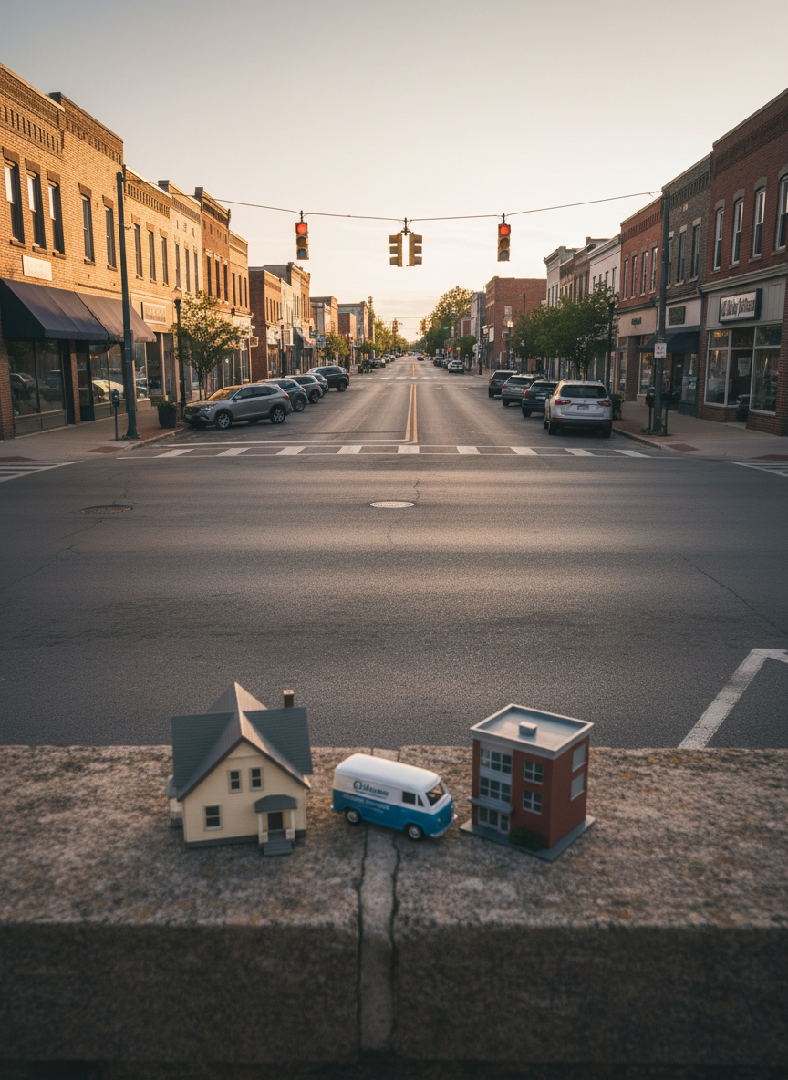 An expansive, photographic view of a small-town Michigan main street at golden hour, evoking the Clio community, with neat brick storefronts, a well-maintained intersection, and a few parked vehicles suggesting everyday life. In the foreground, on a stone ledge, sits a detailed model house, a miniature delivery van, and a tiny office building grouped together to represent home, auto, and business insurance. Warm, low-angle sunlight bathes the scene in a welcoming glow, casting long shadows and subtle reflections on nearby windows. Captured from a slightly low, wide-angle perspective with sharp focus throughout, the mood is reassuring, local, and community-centered, matching a professional insurance agency’s character.